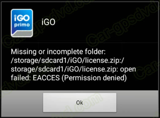 igo missing or incomplete folder licence.zip permission denied
